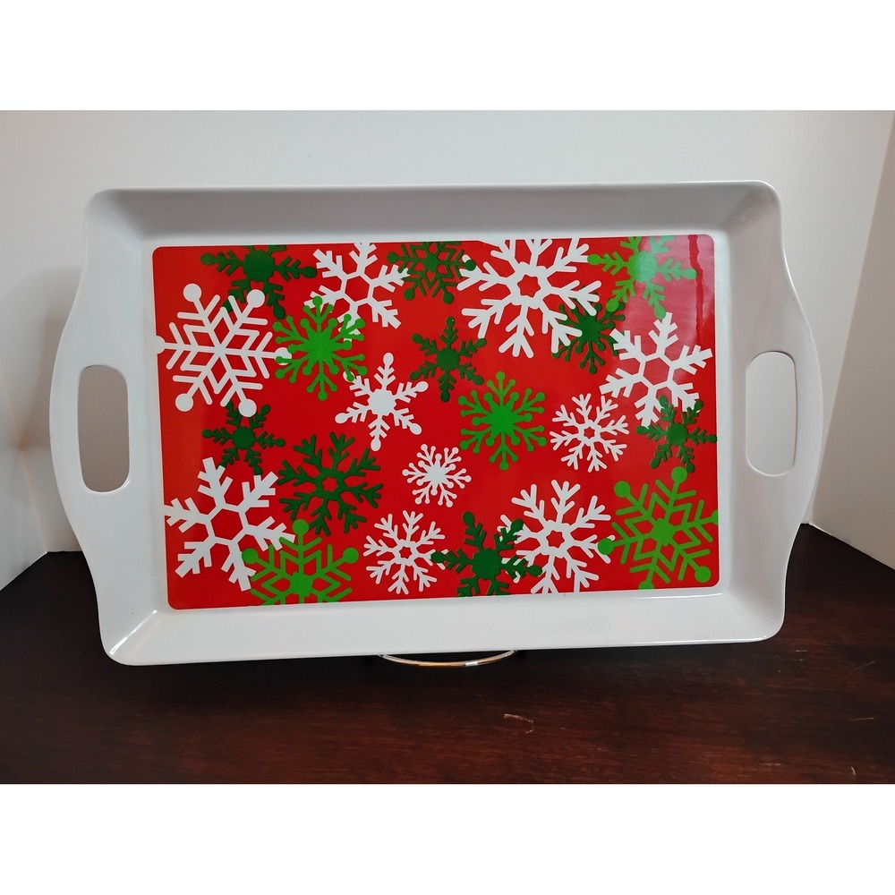 Christmas Snowflake Melamine Serving Tray Red Green White Holiday Platter 17.5in